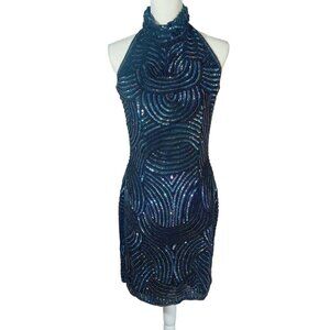 NWT Carina International Handmade Silk Blue Beaded Halter Dress Formal Size M